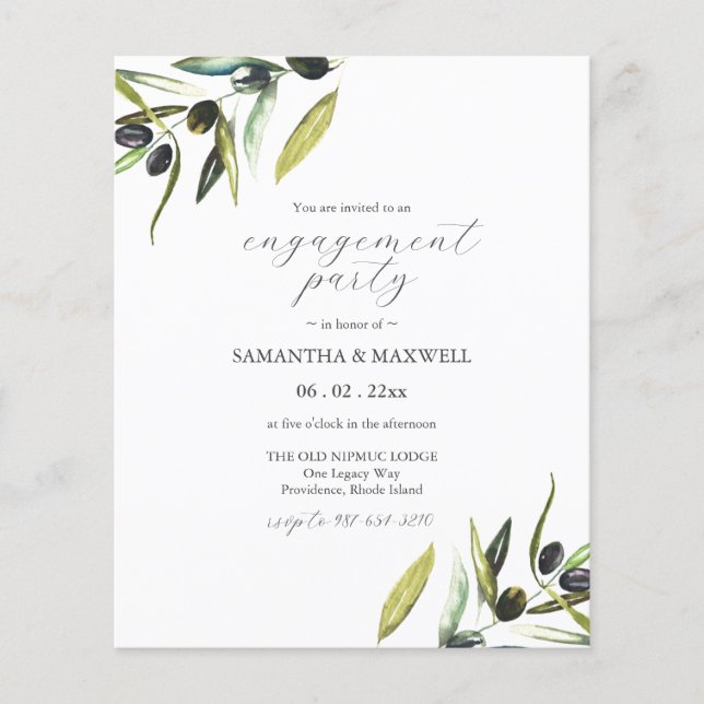 Budget Watercolor Greenery Engagement Party Invite Flyer (Front)