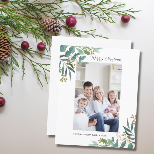 Budget Watercolor Greenery Merry Christmas Photo (Creator Uploaded)