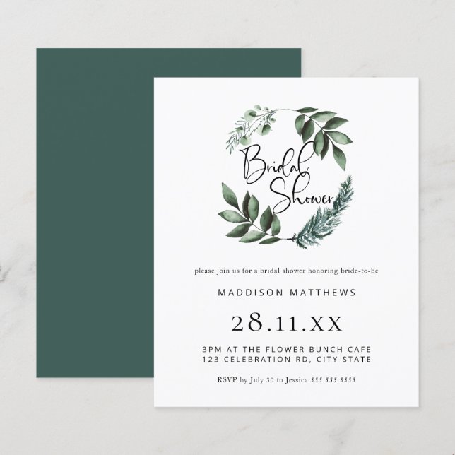 Budget Watercolor Greenery Wreath Bridal Shower  (Front/Back)