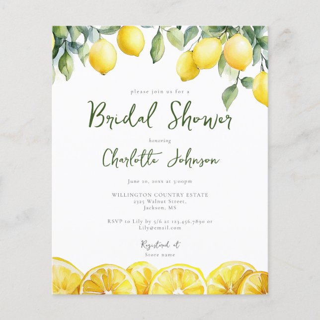 Budget Watercolor Lemons Bridal Shower Invitation (Front)