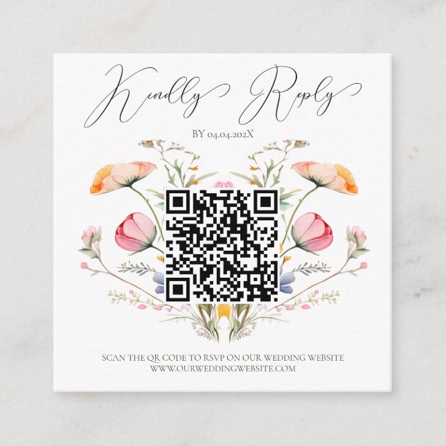 Budget Watercolor Meadow Wildflowers QR Code Enclosure Card (Front)