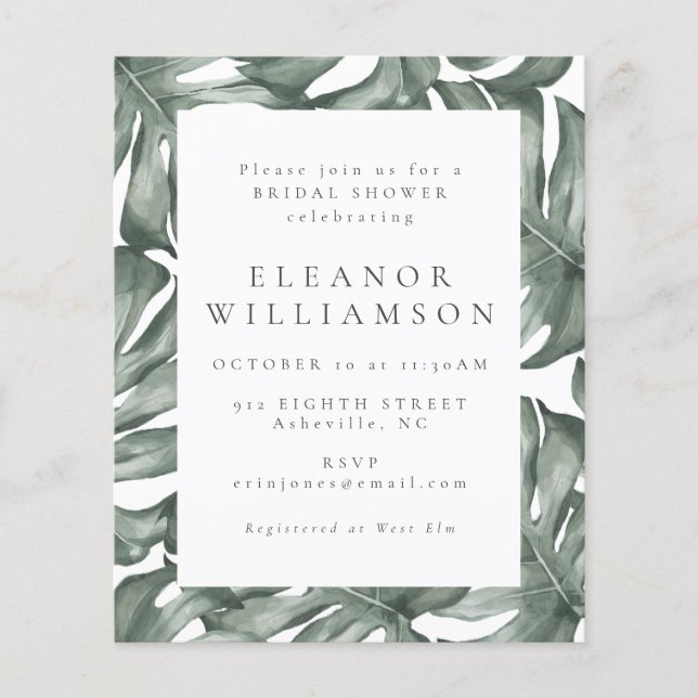 Budget Watercolor Monstera Bridal Shower Invite (Front)