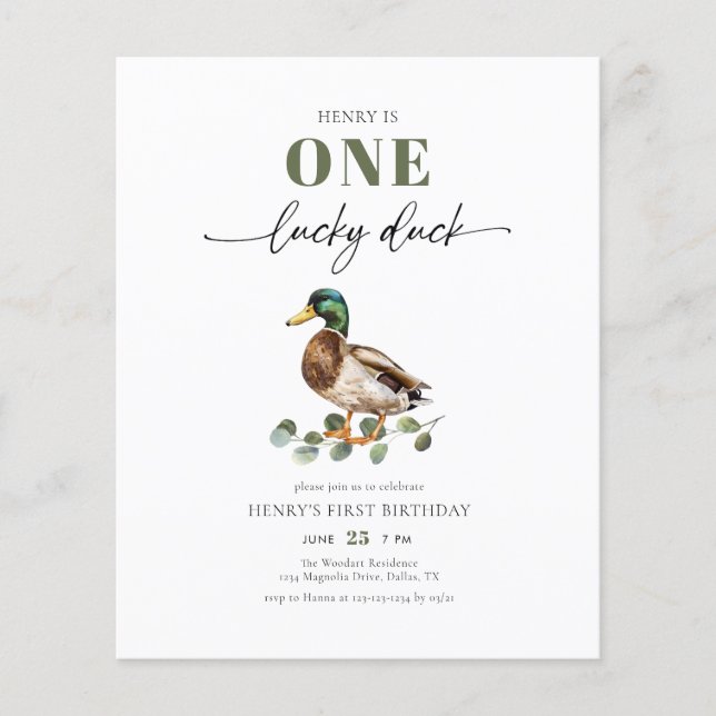 Budget Watercolor One Lucky Duck Boy 1st Birthday Flyer (Front)