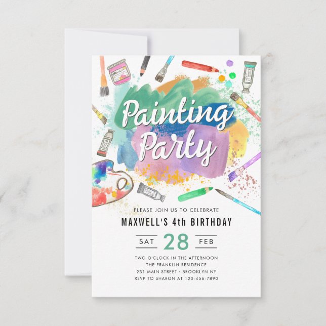 Budget Watercolor Paint Painting Party Birthday Card (Front)