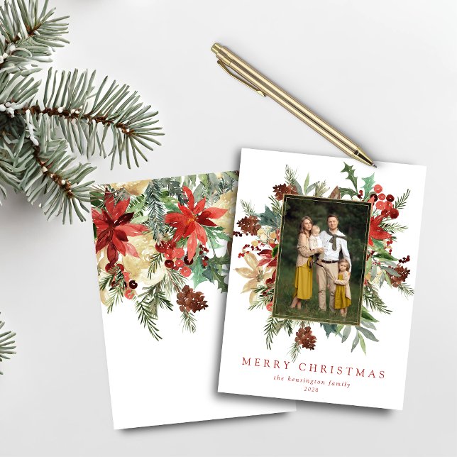 Budget Watercolor Pine Gold Christmas Photo (Budget Watercolor Pine Gold Christmas Photo Card)