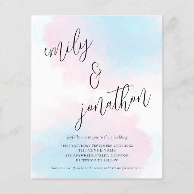 Budget Watercolor Pink Blue QR Code Wedding Invite (Front)