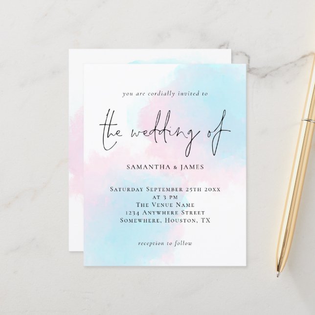 Budget Watercolor Pink Blue Wedding Invitation (Front/Back In Situ)