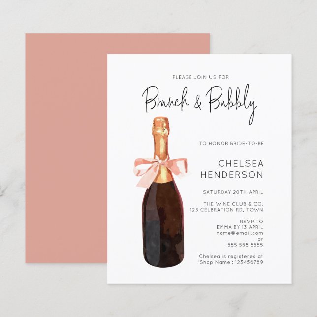 Budget Watercolor Pink Champagne Brunch & Bubbly (Front/Back)
