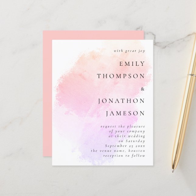 Budget Watercolor Pink Coral Wedding Invitation (Front/Back In Situ)
