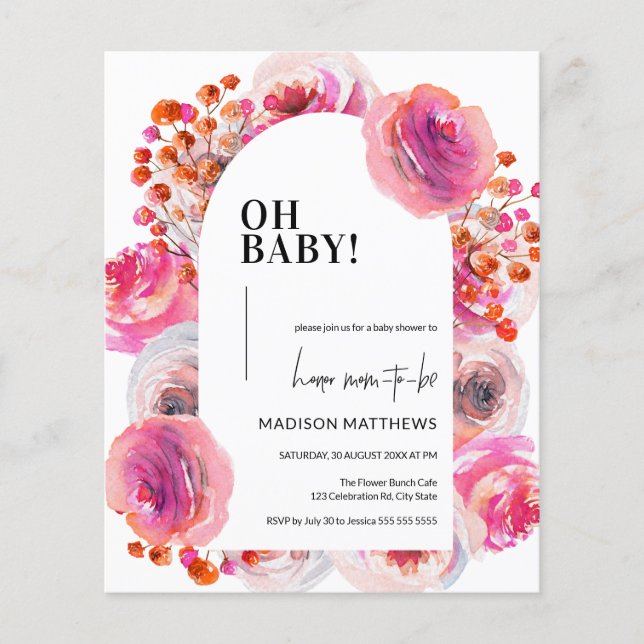 Budget Watercolor Pink Floral Arch Oh Baby Shower (Front)