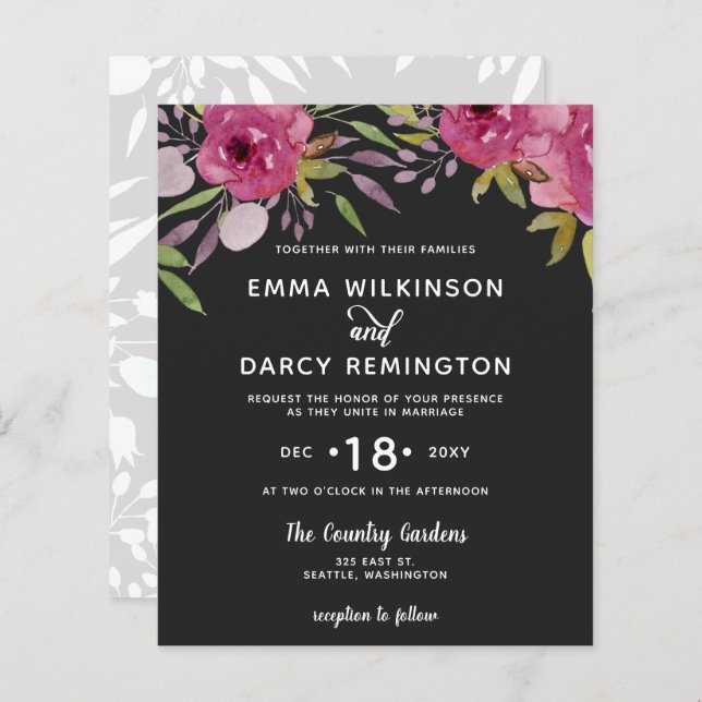 Budget Watercolor Pink Floral Wedding Invitation (Front/Back)