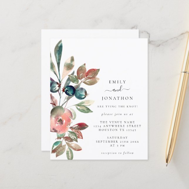 Budget Watercolor Pink Florals Wedding Invitation (Front/Back In Situ)
