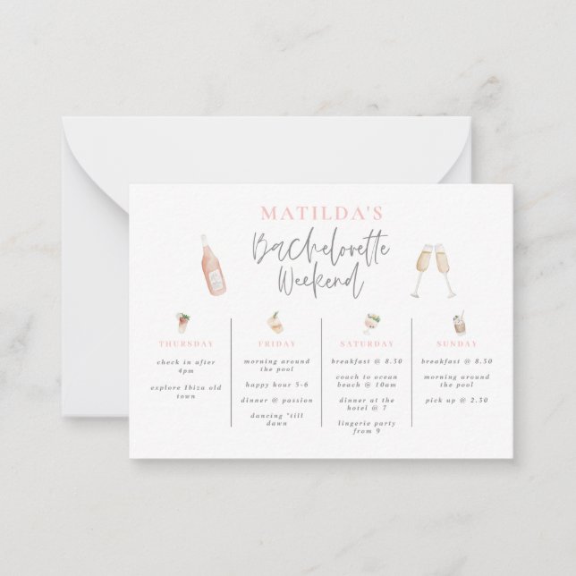 budget watercolor pink girl bachelorette itinerary card (Front)