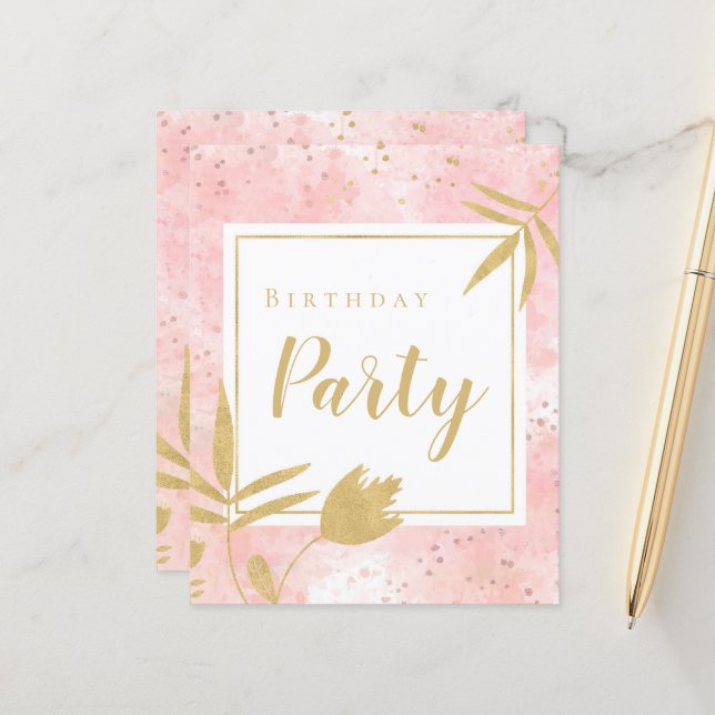 Budget Watercolor Pink Gold Birthday Party Invite (Front/Back In Situ)