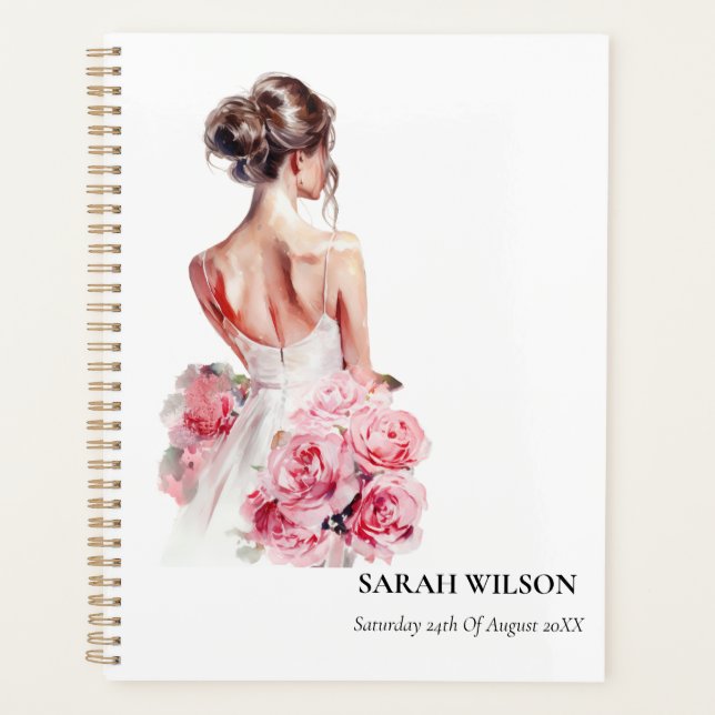 Budget Watercolor Pink Wedding Gown Bridal Shower Planner (Front)