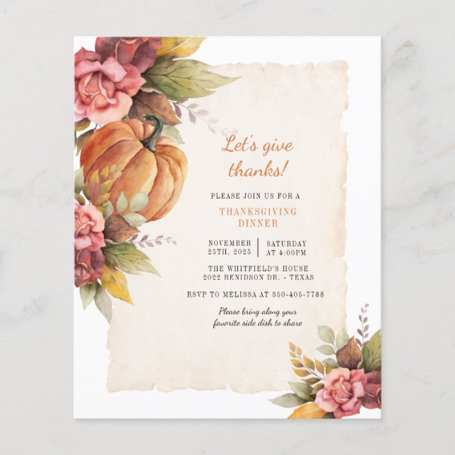 Budget Watercolor Pumpkin Thanksgiving Dinner Flyer (Front)