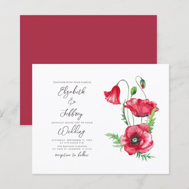 Budget Watercolor Red Poppy Wedding Invitation (Front/Back)