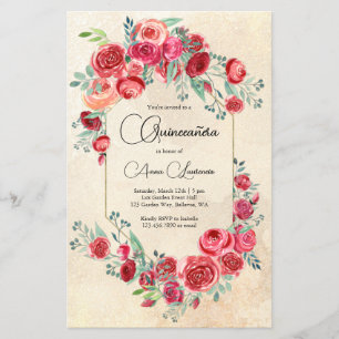 Budget Watercolor Red Roses Quinceanera Invitation Flyer