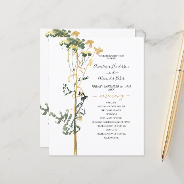 Budget Watercolor Rustic Wedding Program card. (Front/Back In Situ)