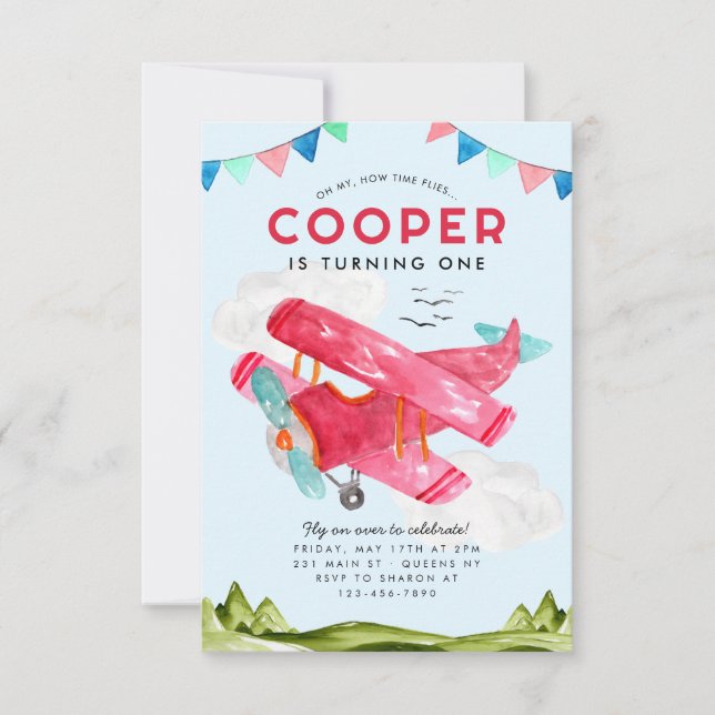 Budget Watercolor Sky Red Kids Aeroplane Birthday Card (Front)