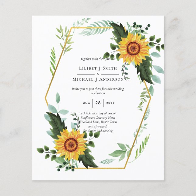 BUDGET Watercolor SUNFLOWERS Greenery Wedding Flyer (Front)
