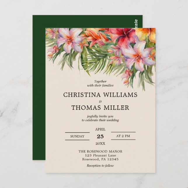 Budget Watercolor Tropical Wedding Invitation Postcard (Front/Back)