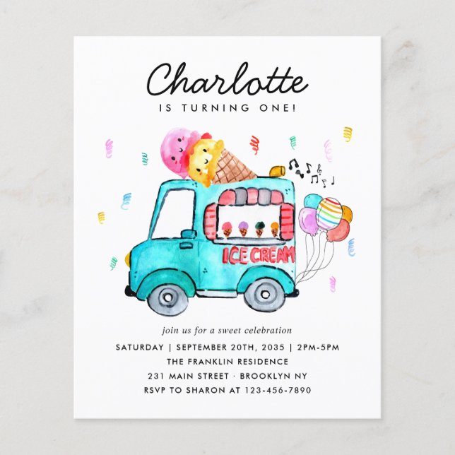 Budget Watercolor Truck Balloon Ice Cream Birthday (Front)