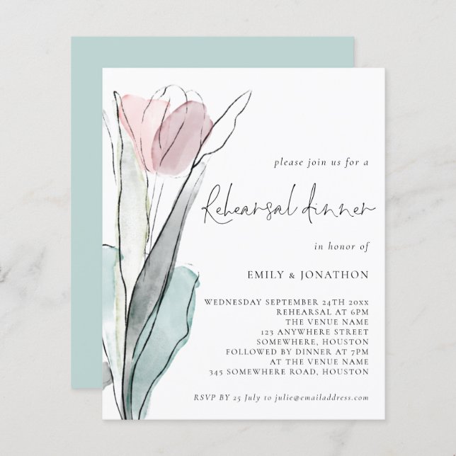 Budget Watercolor Tulip Wedding Rehearsal Dinner (Front/Back)