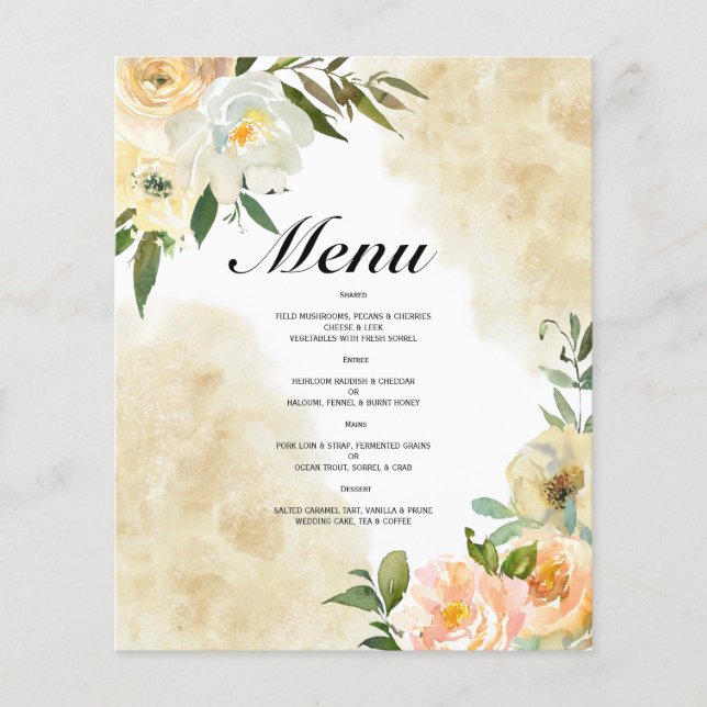 Budget Watercolor WEDDING MENU. Flyer (Front)