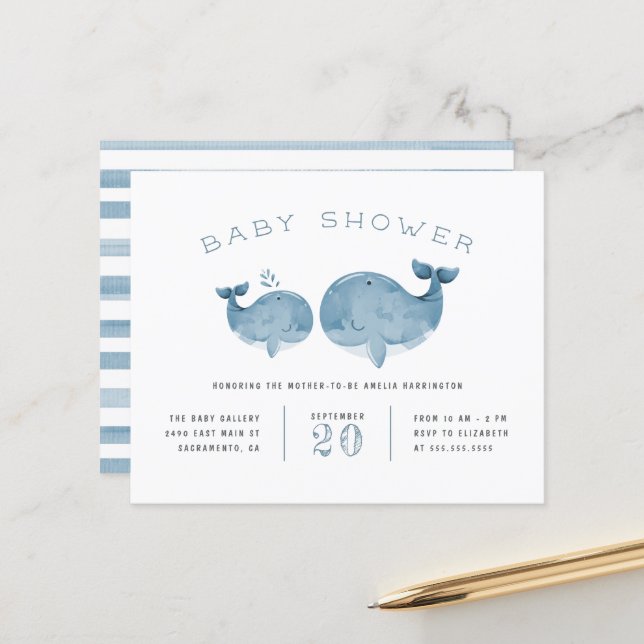 Budget Watercolor Whale Boy's Blue Baby Shower (Front/Back In Situ)