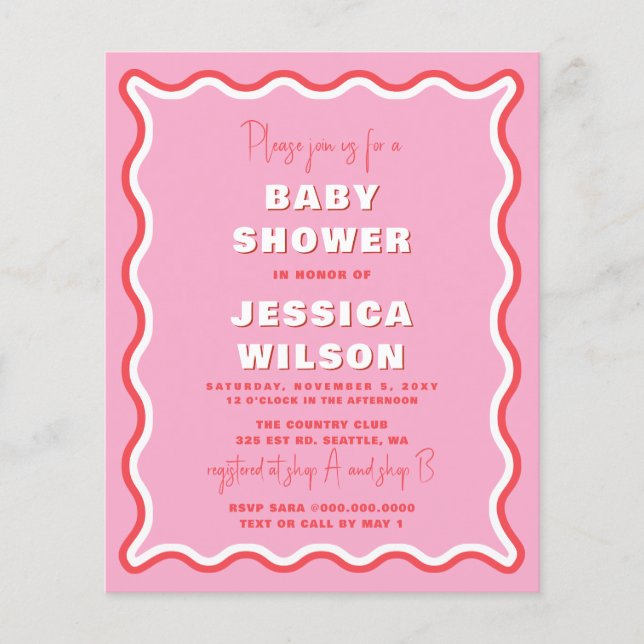 Budget Wavy Pink Red Girl Baby Shower Invitation (Front)