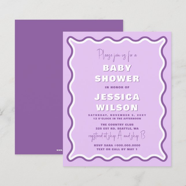 Budget Wavy Purple Girl Baby Shower Invitation (Front/Back)