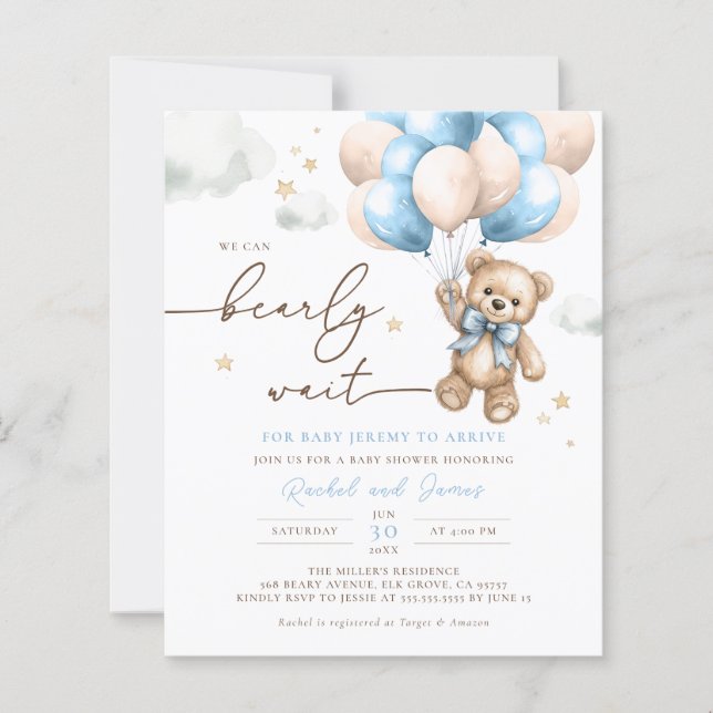 Budget We Can Bearly Wait Bear Baby Shower Invite (Front)