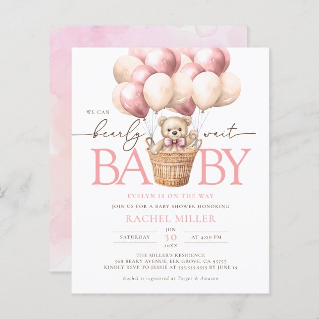 Budget We Can Bearly Wait Pink Baby Shower Invite (Front/Back)