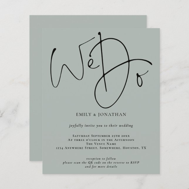 Budget We Do Light Sage QR Code Wedding Invite (Front/Back)