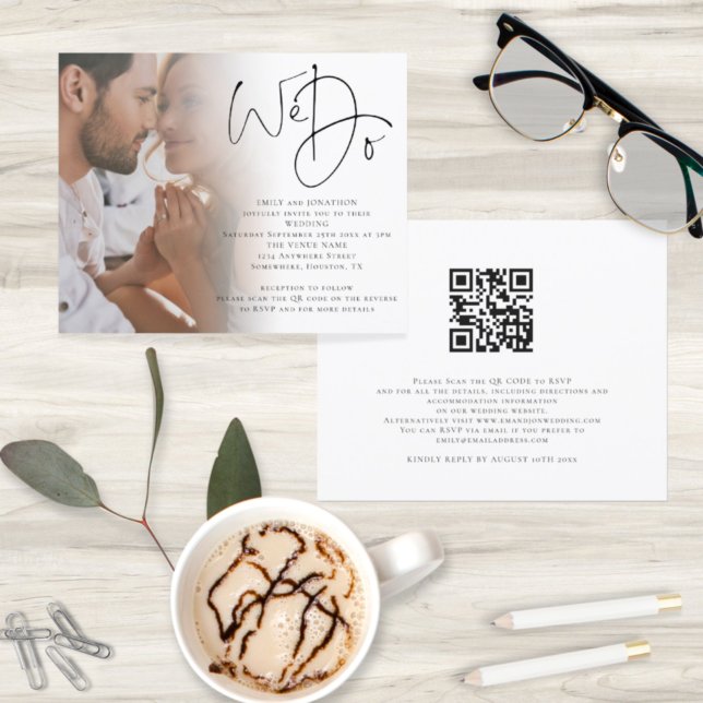 Budget We Do Photo QR Code Wedding Invitation (Front and back view. Smaller budget price. Part of a larger wedding collection of matching items)