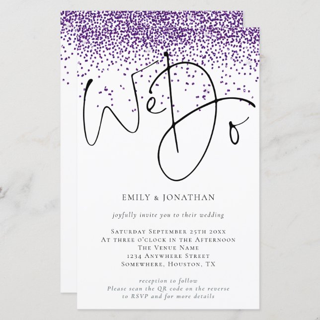 Budget We Do QR code Purple Glitter Wedding Invite (Front/Back)