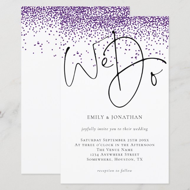 Budget We Do Script Purple Glitter Wedding Invite (Front/Back)