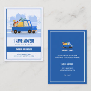 Budget We’ve Moved Blue Car On The Road Moving Card
