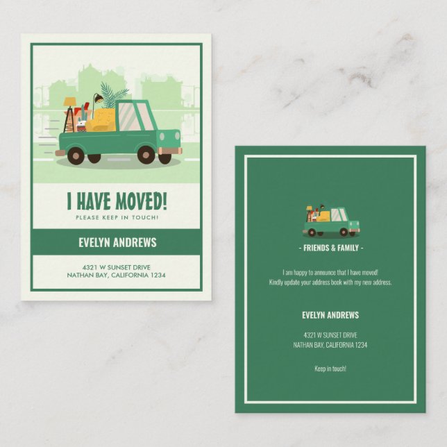 Budget We’ve Moved Green Car On The Road Moving Card (Front/Back)