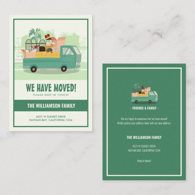 Budget We’ve Moved Green Truck On The Road Moving Card (Front/Back)