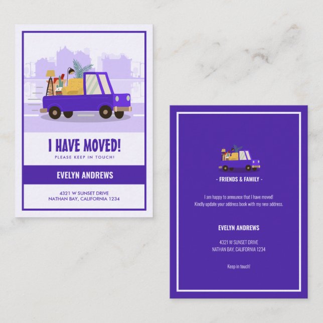 Budget We’ve Moved Purple Car On The Road Moving Card (Front/Back)