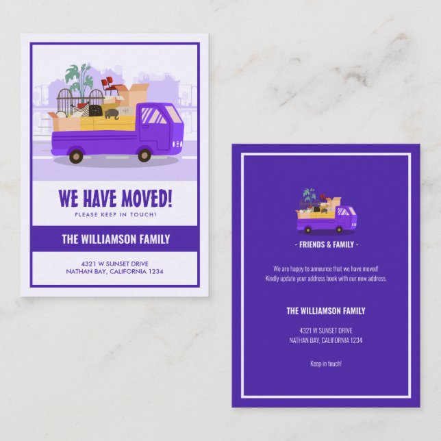 Budget We’ve Moved Purple Truck On The Road Moving Card (Front/Back)