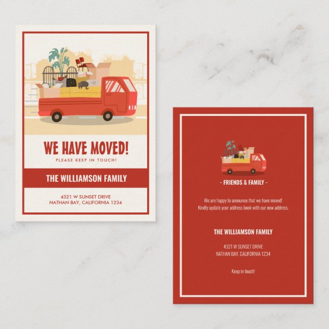 Budget We’ve Moved Red Truck On The Road Moving Card (Front/Back)