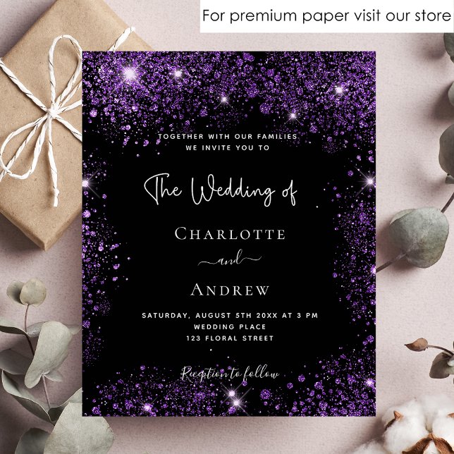 Budget wedding black purple glitter invitation (Creator Uploaded)