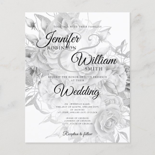 Budget Wedding Black & White Floral Invitation Flyer (Front)