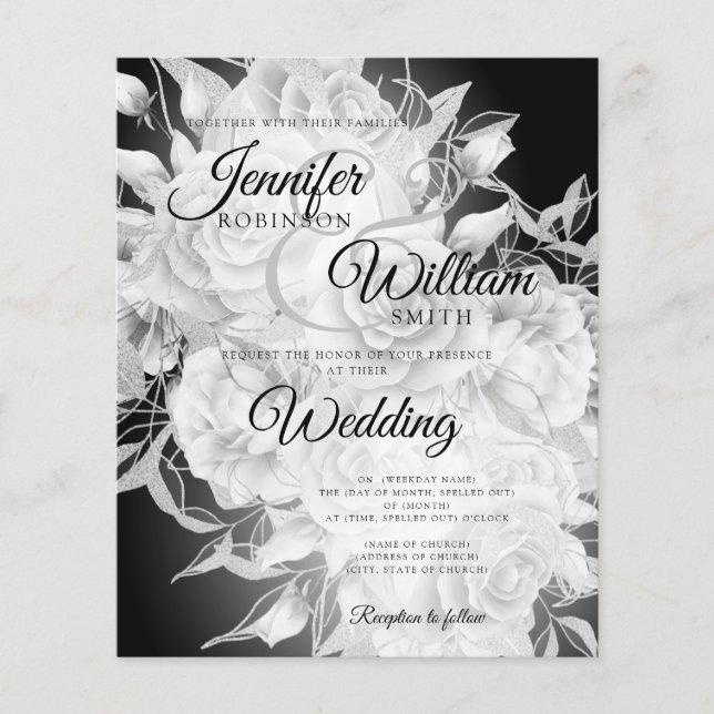 Budget Wedding Black & White Floral Invitation Flyer (Front)