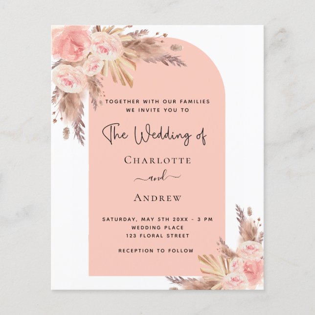 Budget wedding blush pampas grass rose invitation (Front)