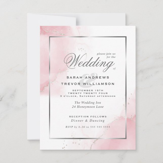 Budget Wedding Blush Pink Silver Abstract Invitation (Front)