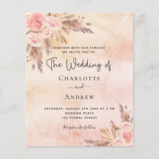 Budget wedding boho pampas grass rose gold (Front)